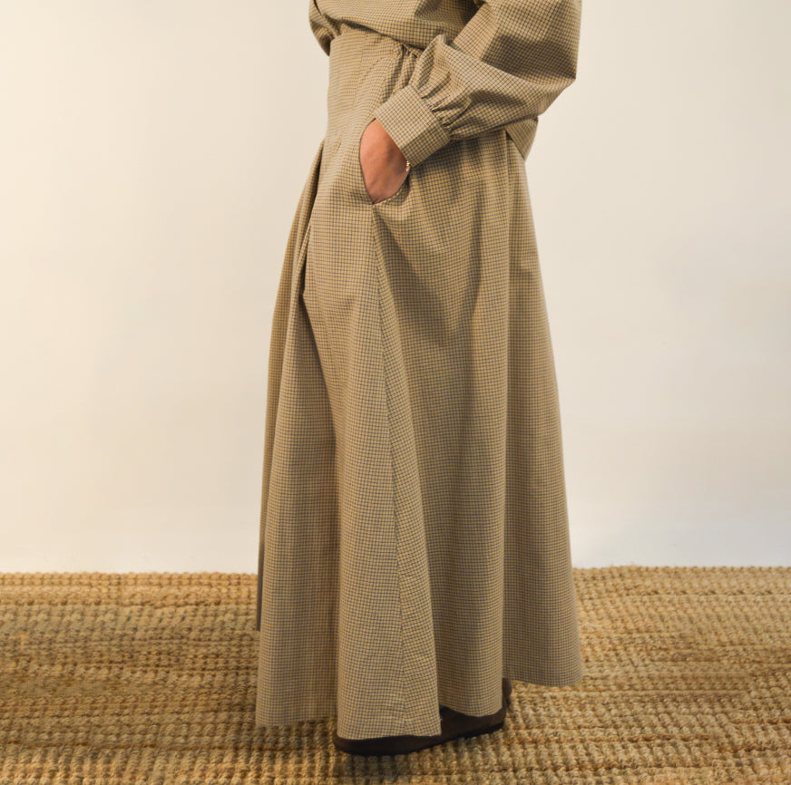 SEWING KIT LONG SKIRT AIMEE OATMEAL WITH BLUE MICRO FINE CHECKS