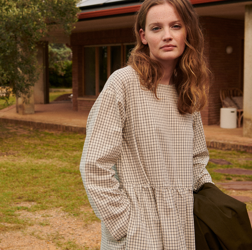 KIT COSTURA VESTIDO TESSA CRUDO CUADROS FINOS ANTRACITA