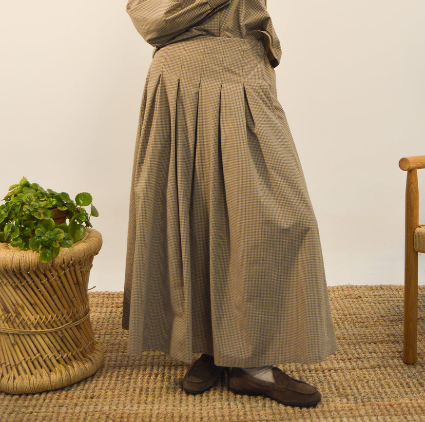 SEWING KIT LONG SKIRT AIMEE OATMEAL WITH BLUE MICRO FINE CHECKS