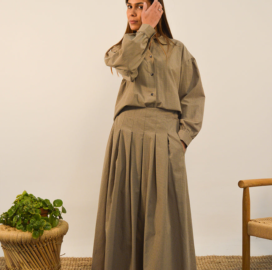 SEWING KIT LONG SKIRT AIMEE OATMEAL WITH BLUE MICRO FINE CHECKS