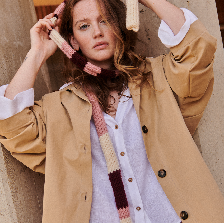 KNITTING KIT TO MAKE THE ILMA COLOUR BLOCK SCARF ECRU PINK BURGUNDY