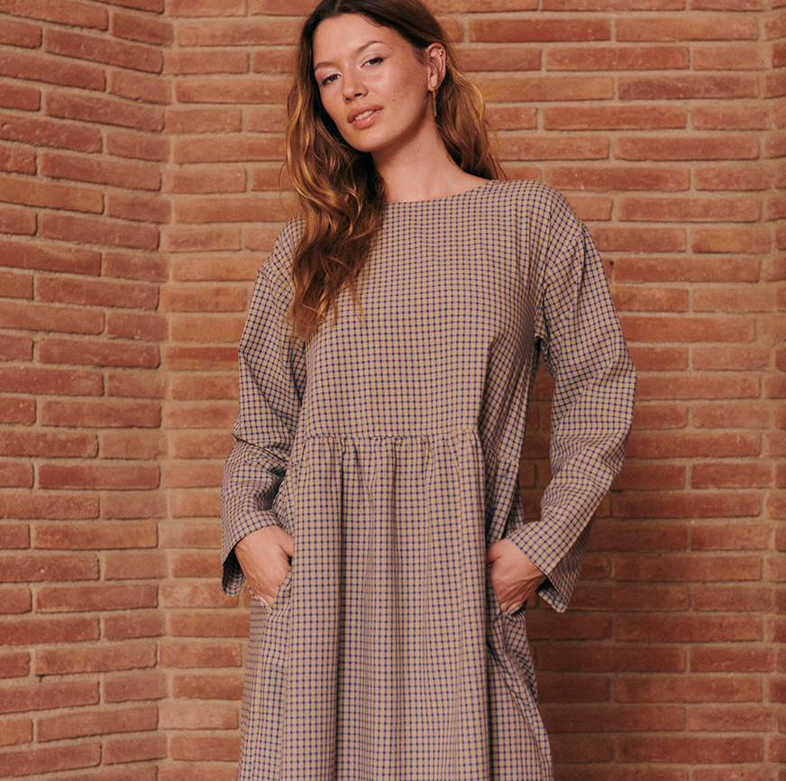 KIT DE COUTURE ROBE TESSA OATMEAL À CARREAUX BLEUS FINS