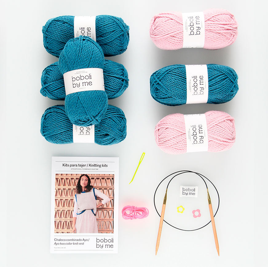 KIT À TRICOT GILET AYO BICOLORE BLEU PÉTROLE ET ROSE