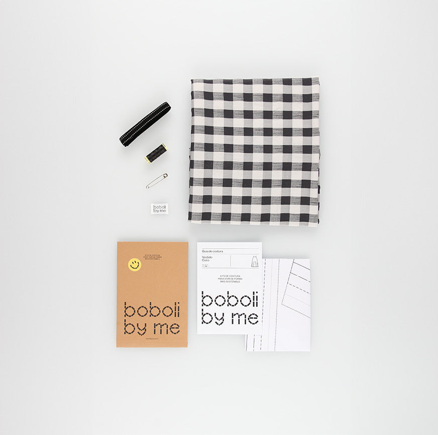 KIT CUCITO VESTITO COCO A QUADRI GRIGIO E NERO