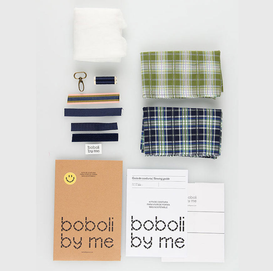 KIT COSTURA BOLSA ACOLCHADA EIRA ESTAMPADO CUADROS TARTÁN AZUL Y VERDE