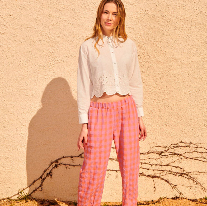 KIT DE COUTURE PANTALON ELVIRA À CARREAUX ROSE ET MAUVE