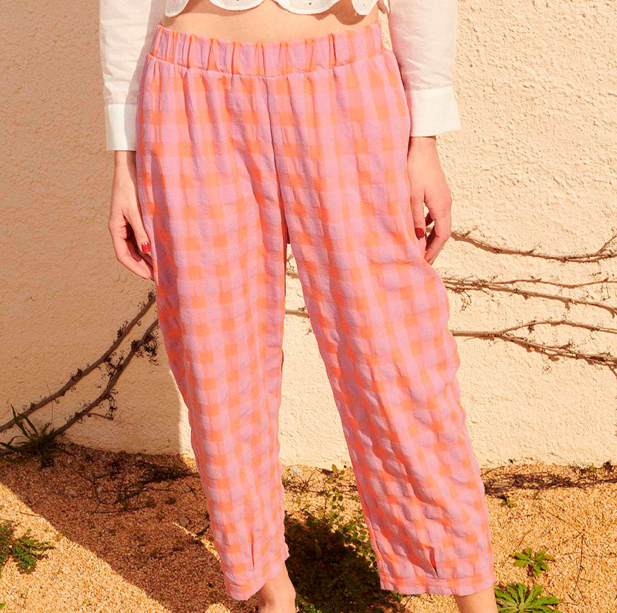 KIT DE COUTURE PANTALON ELVIRA À CARREAUX ROSE ET MAUVE