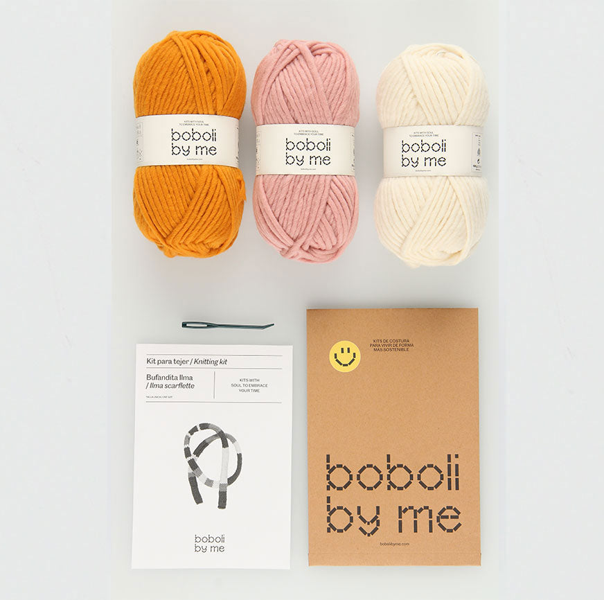 KIT POUR TRICOTER L’ÉCHARPE COLOUR BLOCK ILMA ÉCRU MOUTARD ROSE