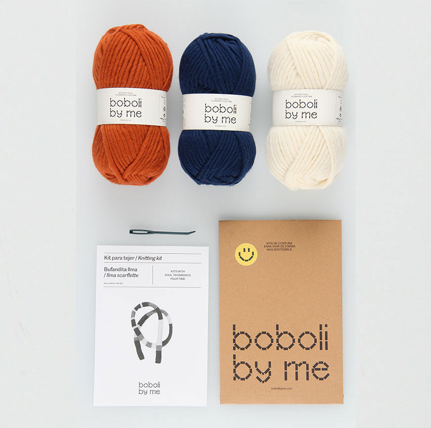 KIT POUR TRICOTER L’ÉCHARPE COLOUR BLOCK ILMA ÉCRU ROUILLE BLEU MARINE