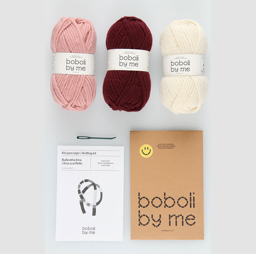 KNITTING KIT TO MAKE THE ILMA COLOUR BLOCK SCARF ECRU PINK BURGUNDY