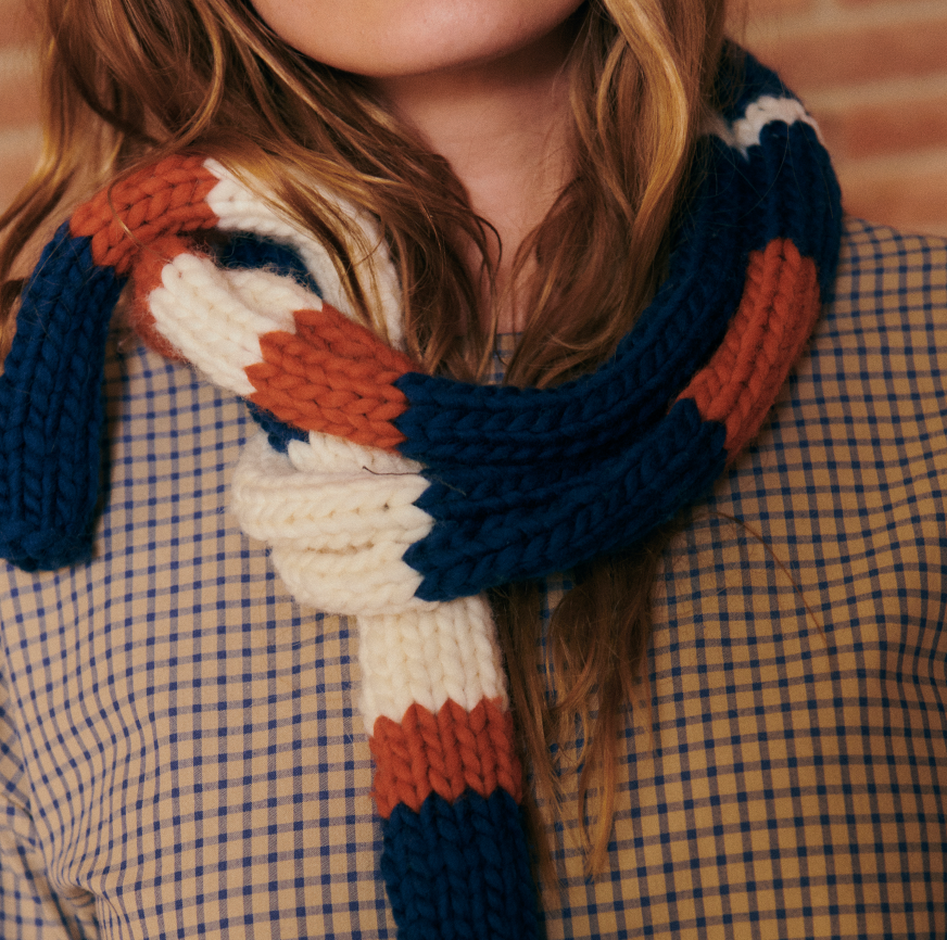 KNITTING KIT TO MAKE THE ILMA COLOUR BLOCK SCARF ECRU RUST NAVY