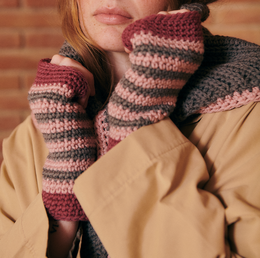 KIT ALL’UNCINETTO GUANTI SENZA DITA RITA GRIGIO A RIGHE