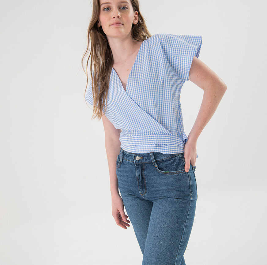 KIT COSTURA CAMISA CRUZADA OLIVIA VICHY AZUL CIELO