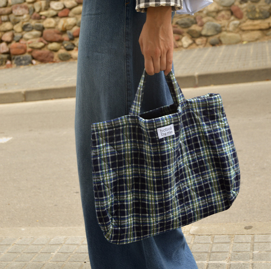 KIT COSTURA BOLSA ACOLCHADA EIRA ESTAMPADO CUADROS TARTÁN AZUL Y VERDE