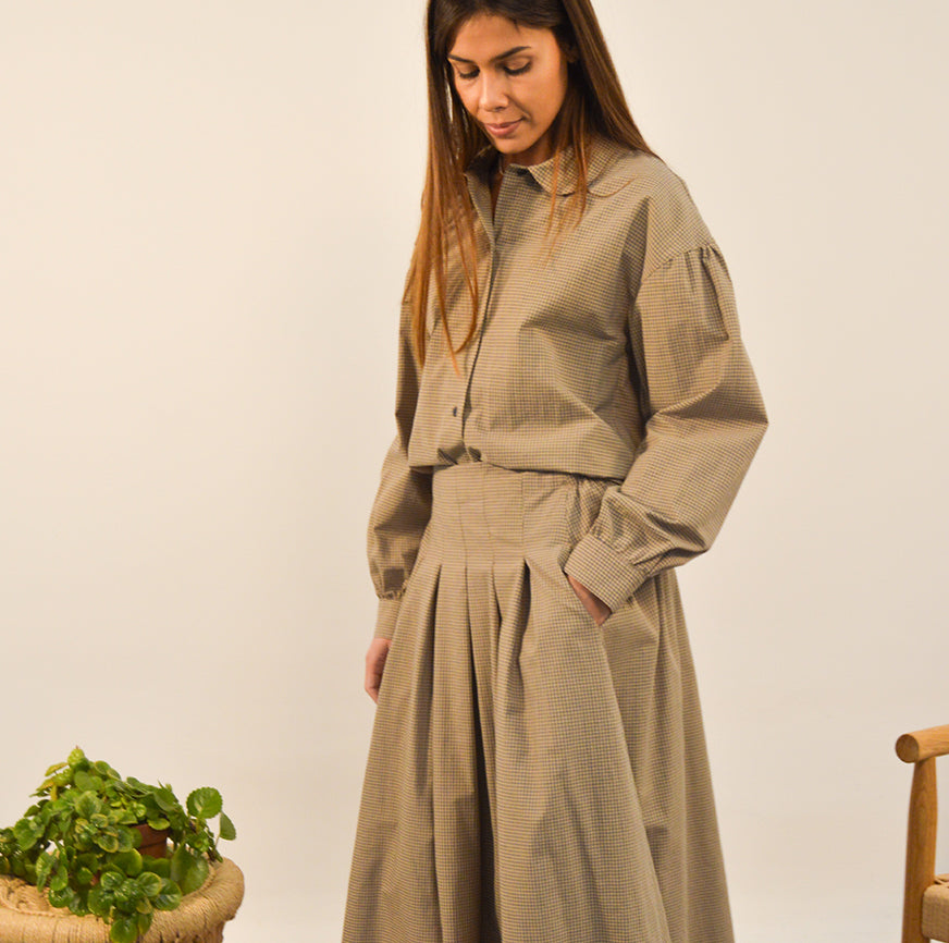 sewing kit blouse tove oatmeal with fine blue micro checks