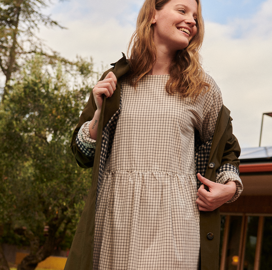 SEWING KIT DRESS TESSA ECRU FINE CHECKS ANTHRACITE