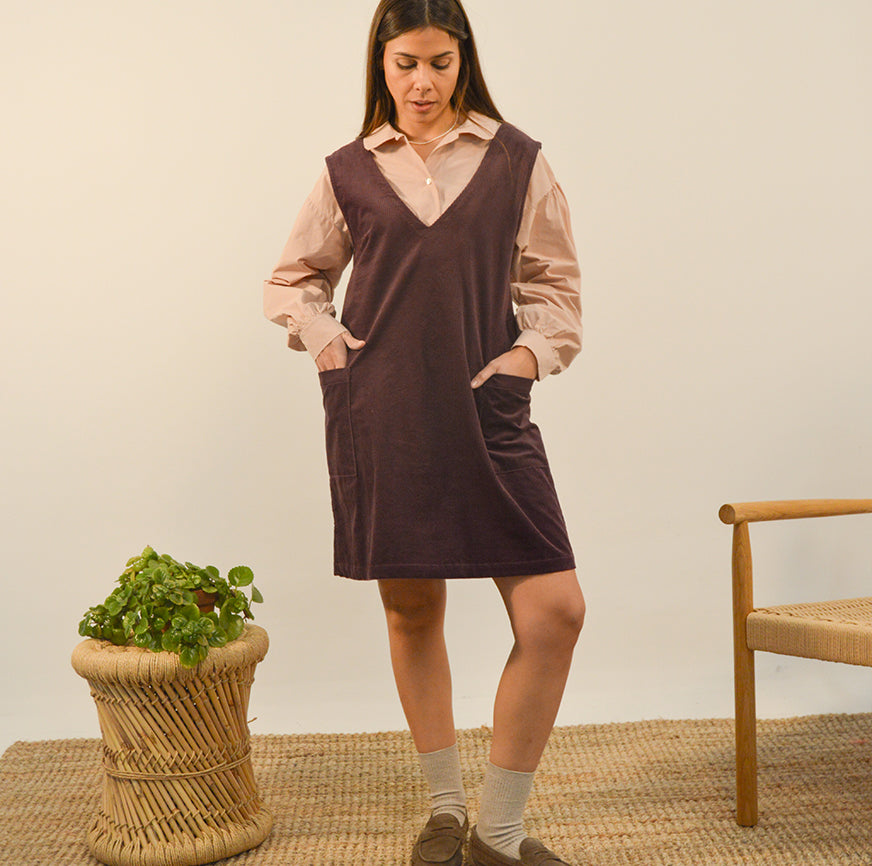 sewing kit pinafore maia eggplant corduroy