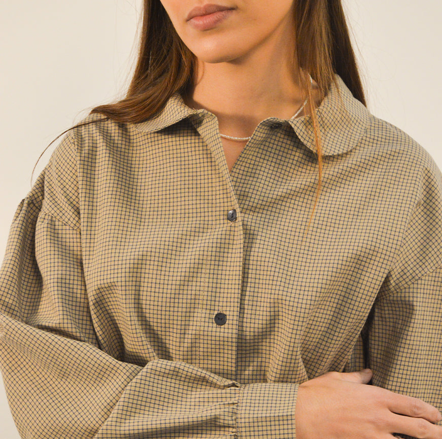 KIT DE COUTURE BLOUSE TOVE OATMEAL À CARREAUX BLEUS MICRO FINE