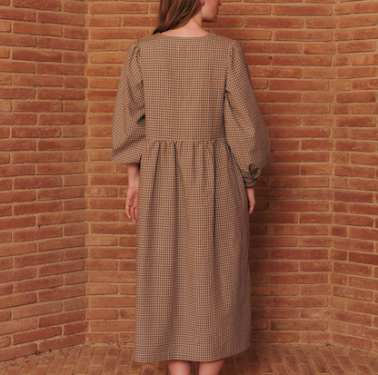 KIT DE COUTURE ROBE LUNA OATMEAL À CARREAUX BLEUS FINS