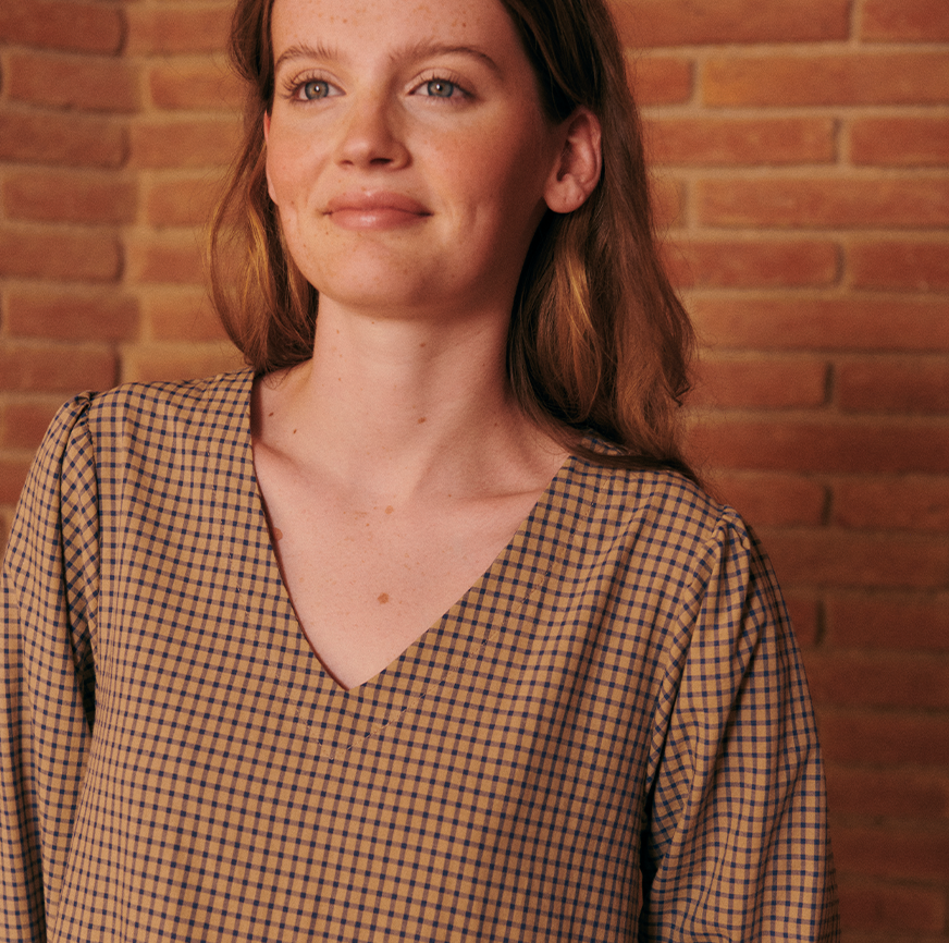 KIT DE COUTURE ROBE LUNA OATMEAL À CARREAUX BLEUS FINS