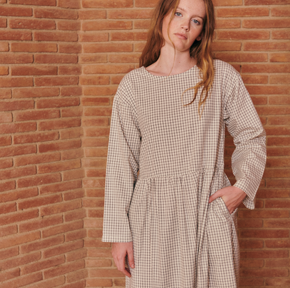 SEWING KIT DRESS TESSA ECRU FINE CHECKS ANTHRACITE