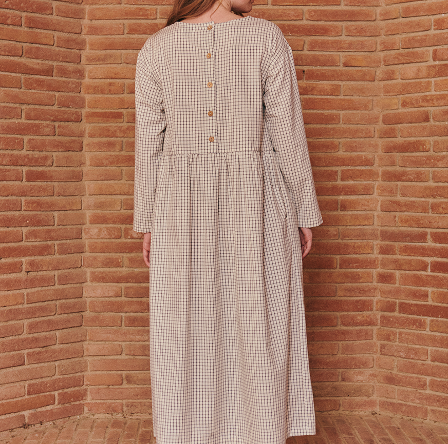 SEWING KIT DRESS TESSA ECRU FINE CHECKS ANTHRACITE