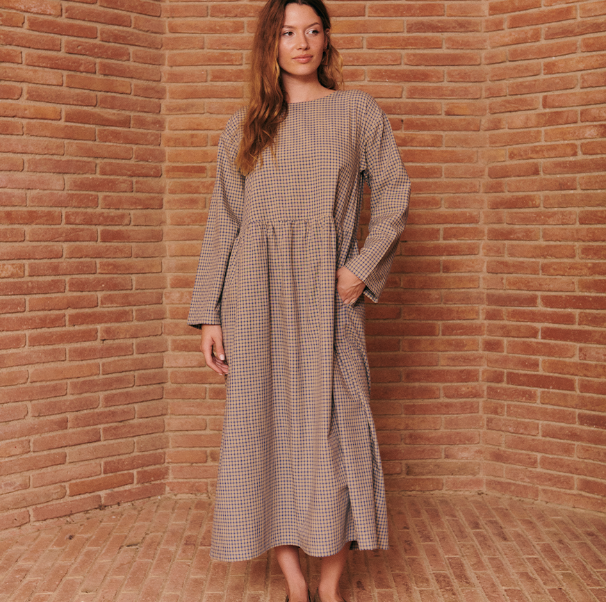 KIT DE COUTURE ROBE TESSA OATMEAL À CARREAUX BLEUS FINS