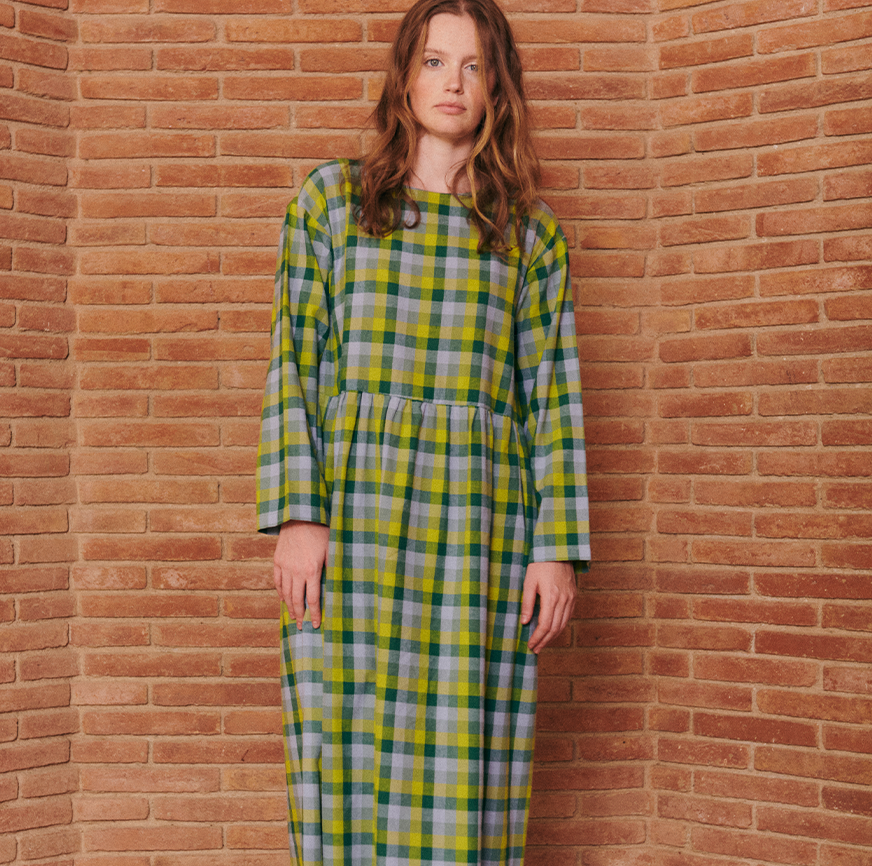 tessa dress sewing kit with green and blue squares