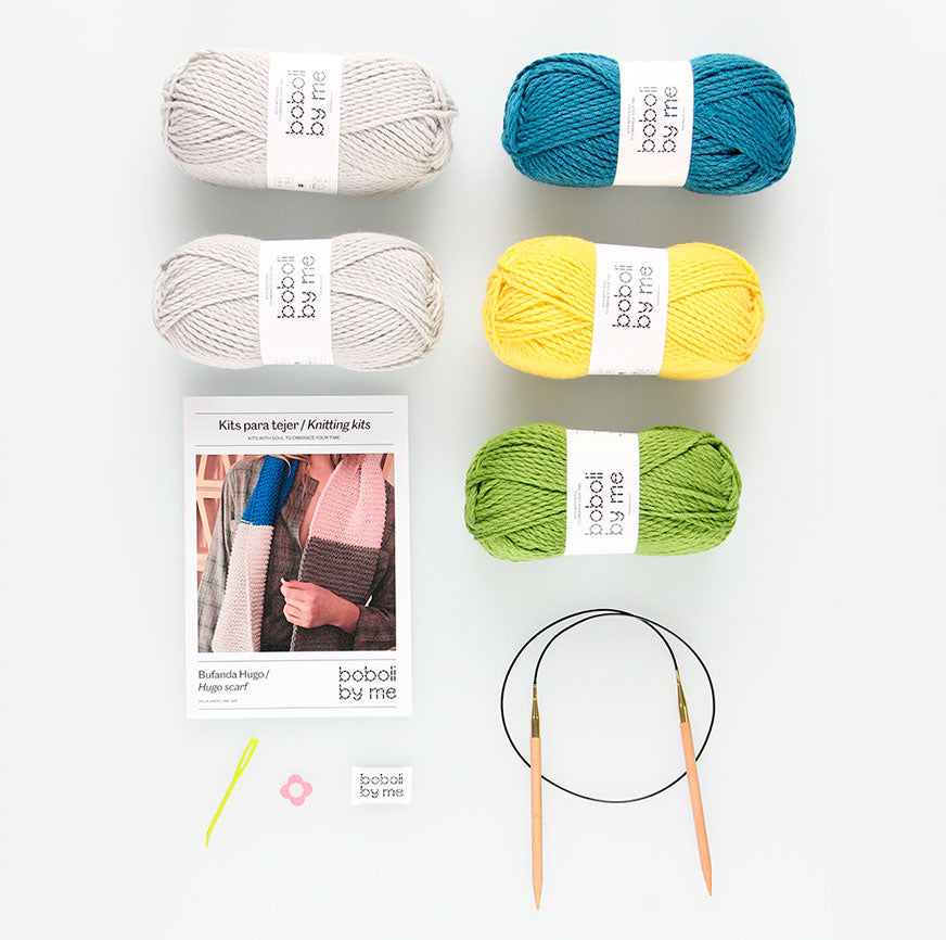 KIT DE TRICOT ÉCHARPE HUGO COLOR BLOCK MIX VERT, EAU ET JAUNE