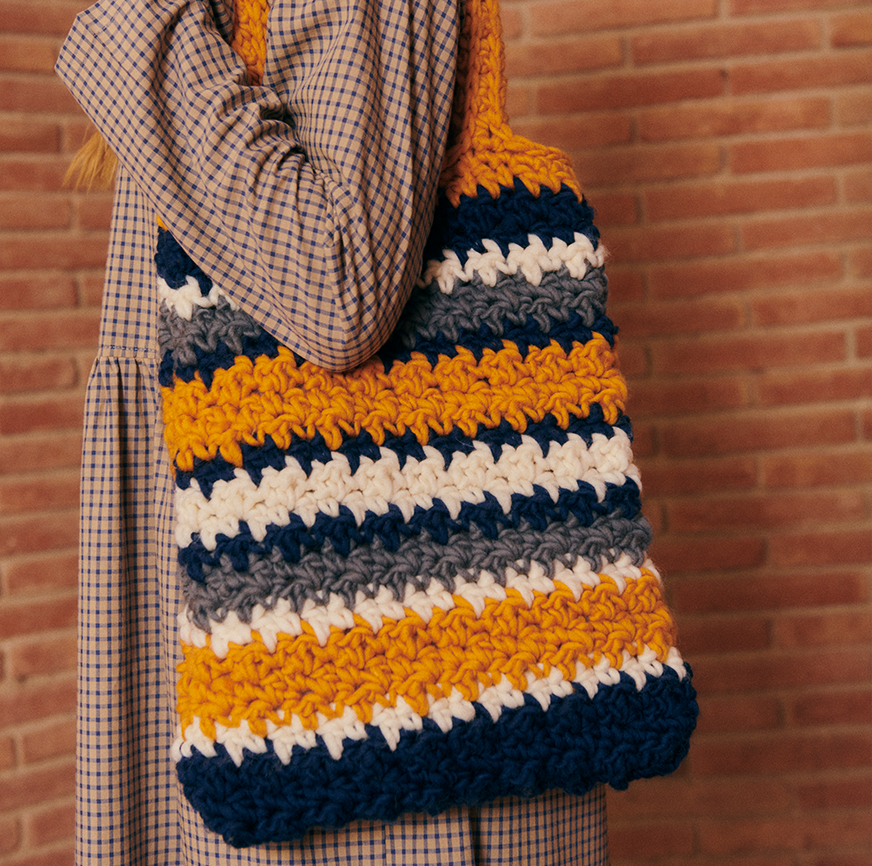 KIT PARA CROCHET BOLSO LUMA MOSTAZA RAYAS MULTICOLOR