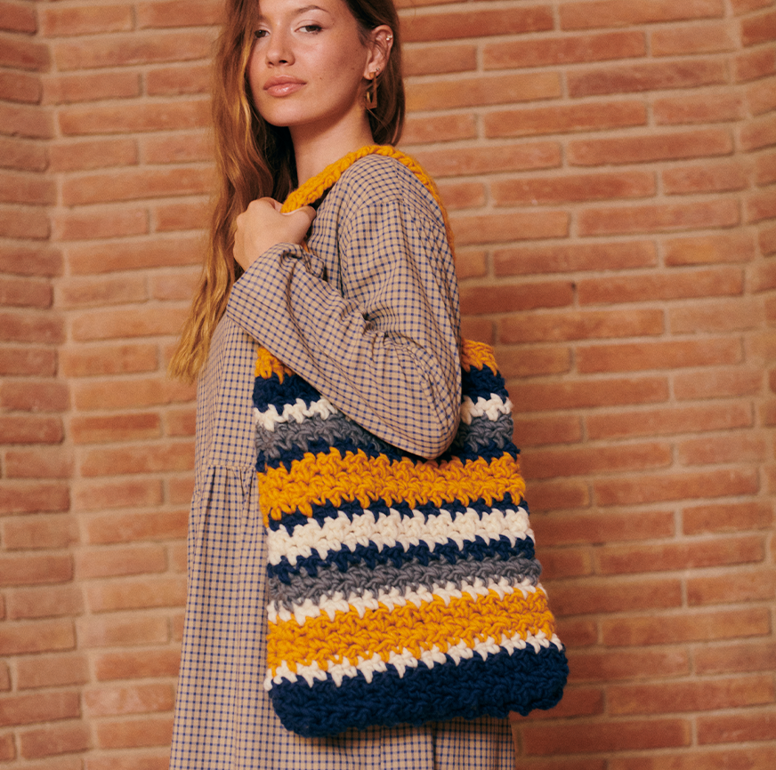 KIT PARA CROCHET BOLSO LUMA MOSTAZA RAYAS MULTICOLOR