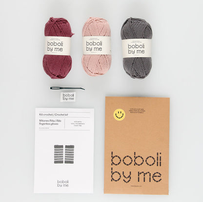 KIT DE CROCHET MITAINES RITA GRIS À RAYURES