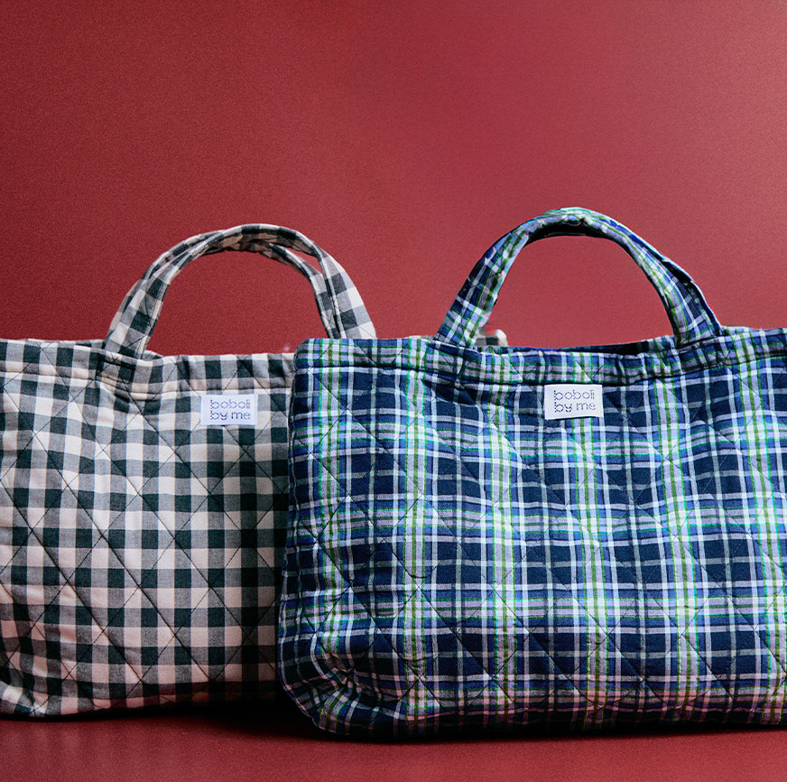 KIT COSTURA BOLSA ACOLCHADA EIRA ESTAMPADO CUADROS TARTÁN AZUL Y VERDE