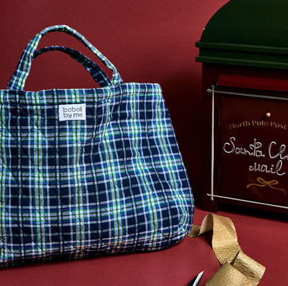 KIT COSTURA BOLSA ACOLCHADA EIRA ESTAMPADO CUADROS TARTÁN AZUL Y VERDE