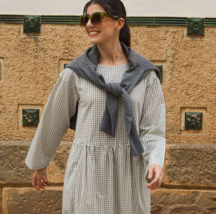 kit costura vestido tessa crudo cuadros finos antracita